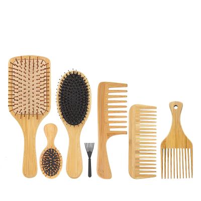 China Cushion 6 in 1 Natural Bamboo Hair Brush Set for Family Using Wholesale Custom Logo Hair Bush and Comb Sets for sale