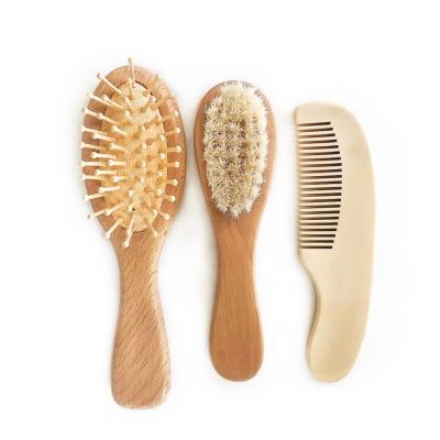 China Wholesale Customized Cushion Logo 3pcs Eco-friendly Wooden Goat Stiffen Baby Hair Brush And Comb Set Newborns for sale