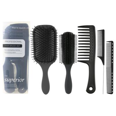 China 5PCS Cushion Salon Matt Black Paddle Denman Brush Home Wide Tooth Cutting Hair Comb Set With Private Label for sale