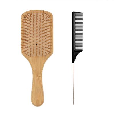 China Amazon Hot Selling 2PCS Paddle Paddle Natural Hair Brush Rat Tail Natural Bamboo Comb Set Detangling Hair Brush Set for sale