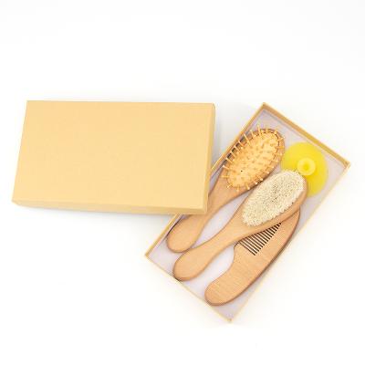 China 3PCS Palette Natural Beech Wood Mini Goat Bristle Hair Brushes and Comb with Gift Box Baby Hair Brush Comb Set for sale