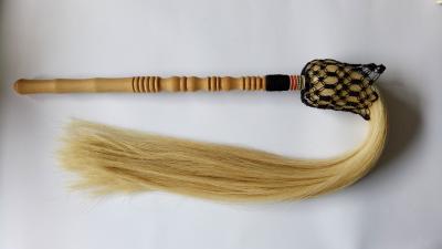 China Natural Polished Peach Wood Horse Hair Fly Whisk 110cm Long White for sale