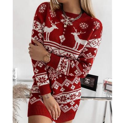 China 2021 YYS New Anti-wrinkle Christmas Ladies Wool Elk Snowflake Jacquard Knitted Sweater Dress Ugly for sale