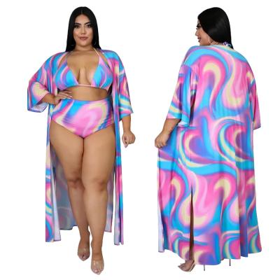 China 1615 anti-static three-piece hot sale quick dye tying beach swimwear bikinis mature woman swimwear sets plus size swimwear for sale