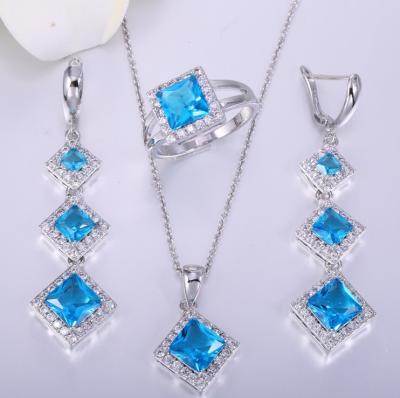 China Fashionable Square Zircon Earrings Ring Necklaces Bridal Jewelry Three Piece Set OEM Long Spot Wholesale for sale