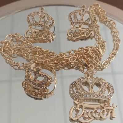 China Wholesale Environmentally Friendly Fashion Accessories Queen's Diamond Jewelry Set Big Crown With Necklace And Earring Ring for sale