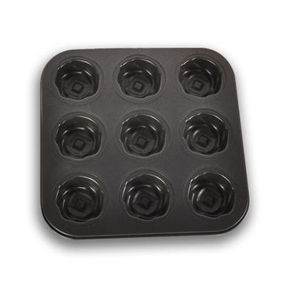 China Viable Black Rose Mold Tray 9 Carbon Steel Non-stick Cake Baking Utensil 0.4mm Cake Baking Tray for sale