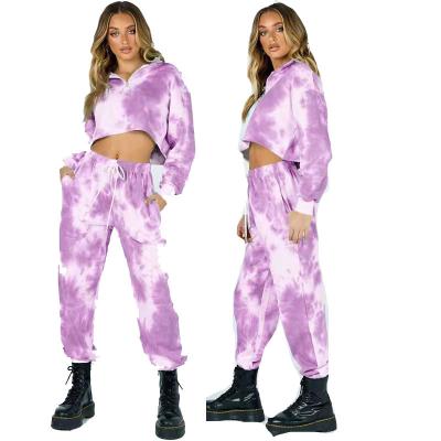 China High Street Breathable Vintage Women Print Hoodie Tie Dye Sweatshirt And Jogging Pants Pants Two Pieces Set for sale