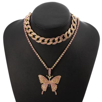 China CLASSIC Hot Selling Butterfly Necklace With Rhinestone Bling Hip Hop Gold Butterfly Cuban Link Necklace for sale