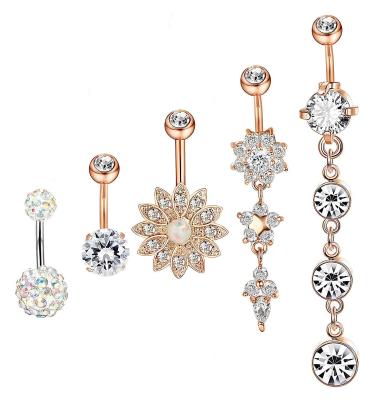 China Luxury 5pcs/Set Summer 316L Stainless Steel FASHION Zircon Belly Button Rings Piercing Jewelry For Women for sale