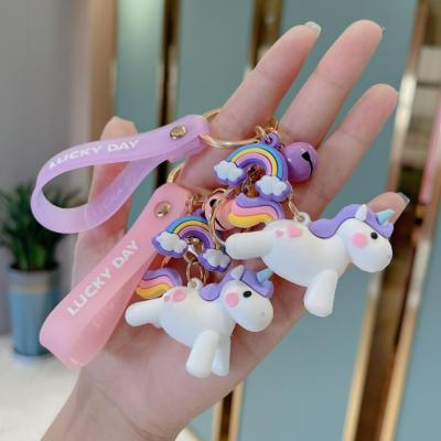 China Eco Friendly Cartoon Doll Unicorn Rubber Key Chains With 3D Little Rainbow Horse Key Rings Bag Pendant Key Chain for sale