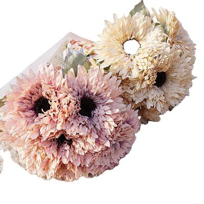 China Flower Bouquet 6 Head Flocking Sunflower Bouquet Gerbera Chrysanthemum Home Decoration Wedding Prop for sale