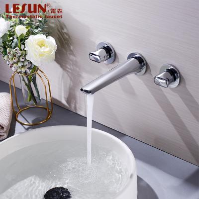 China Contemporary Wall Mounted Faucets LESUN Metered 3 Hole Handle Double Tub Mixer Tap Wash Face Basin Sink Waterfall Polishing Brass Faucet for sale