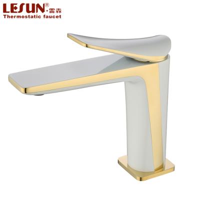 China LESUN Bathroom Faucet Fancy Hand Wash Brass Single Lever Cold Basin Faucet White Gold Color Matching Modern Faucet for sale