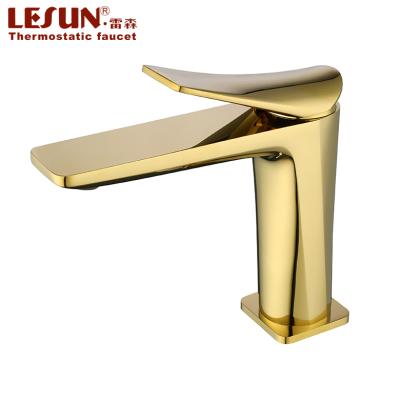 China LESUN Modern Deck Mounted Gold Wash Hand Basin Bathroom Faucet Single Handle Brushed Mixer Tap for sale