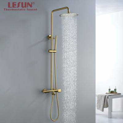 China With SUS 304 Rainfall Waterfall Shower Thermostatic Shower System Exposed Gold Shower Mixer Set Bathroom Sliding Bar for sale