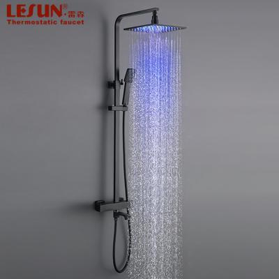 China With Slide Bar LESUN Low Price Bathroom Black Wall Mounted Multi Function Led Light Rain Square Spa Thermostatic Shower Head System for sale