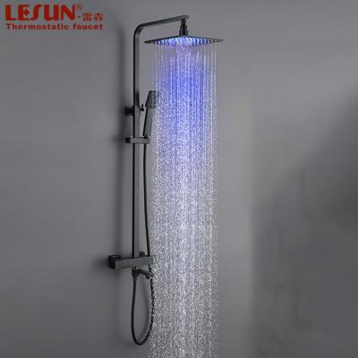 China European Stainless Steel Showerhead Smart Slide Bar Bathroom Black Square Overhead Rain Massage Led Shower Head for sale