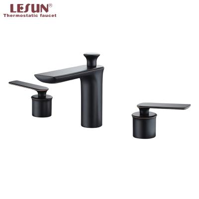 China LESUN Luxury Hotel Bathroom Sink Modern Double Handle 3 Holes Matte Black Basin Faucet for sale