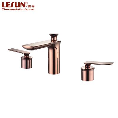 China Thermostatic Faucets LESUN Commercial Rose Gold Polished SS304 Deck Mounted 3 Hole Wash Face Basin Bathtub Faucet for sale