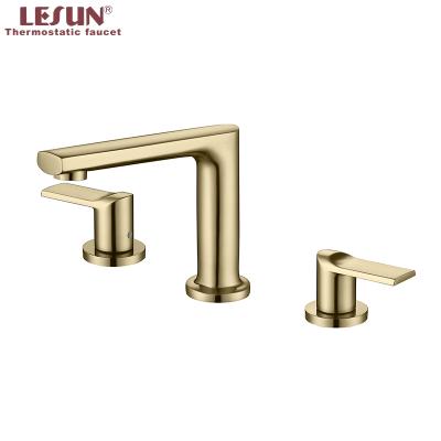 China Low MOQ Contemporary Thermostatic Faucets LESUN Bathroom Water Saving Faucet Brushed Gold Basin Faucet for sale