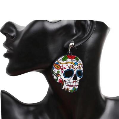 China Other 2021 New Halloween Party Jewelry Stylish 3D Creative Skull Cross Printing Acrylic Earring for sale