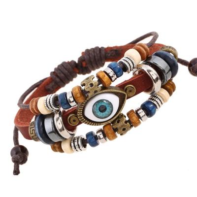 China punk; rock ; Multi-layer Handmade Beaded Colorful Adjustable Men's Hip-sound Devil Eye Devil Leather Bracelet for sale