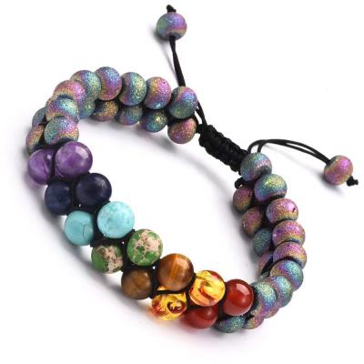 China FASHIONABLE HOT Natural 8mm Stone Beads Braided Double Rows Yoga Energy Healing 7 Chakras Bracelet Bracelet for sale