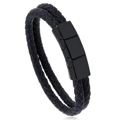 China Custom CLASSIC Stainless Steel Adjustable Luxury Braided Black Magnetic Clasp Logo Leather Bracelet for sale