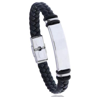 China FASHIONABLE custom stainless steel bar black leather logo bracelet PU braided bracelets for men for sale