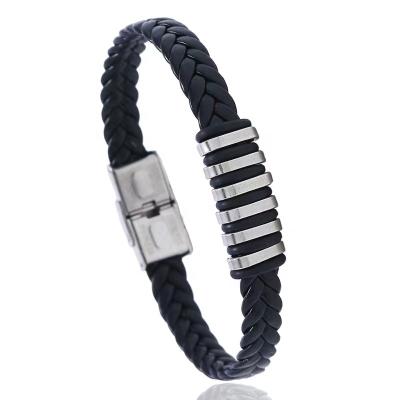 China FASHIONABLE Handmade Titanium Stainless Steel Bracelet Woven Leather Bracelet For Men Silicone Wristbands for sale