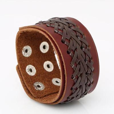 China New Vintage Punk Adjustable Clasp Bracelets Wide PU Braided Punk Mens Large Leather Bracelet for sale