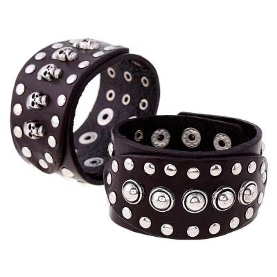 China Hip hop jewelry rivet skull punk charm adjustable bangles men's punk leather bracelet wide big for sale