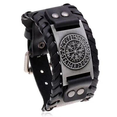 China Handmade Viking Mens Woven Leather Bracelets Custom Personal Engravable Hyperbole Vintage Bracelets for sale