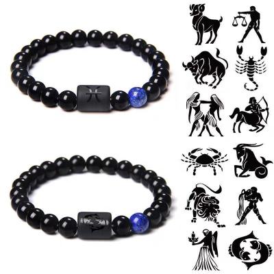 China New Hot FASHIONABLE 8mm Black Agate Chandelier Beaded Unisex Cylinder Engraved 12 Zodiac Energy Bracelet for sale