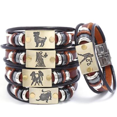 China New Hired Small Gifts Punk Stainless Steel Lovers Leather Bracelet 12 Zodiac Jewelry for sale