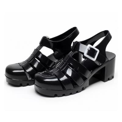 China Wholesale Anti-Slippery Black Square Jelly Heel Designer Woman Sandals Plastic Women Shoes for sale