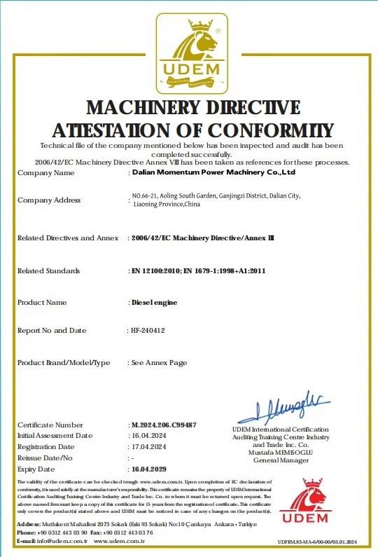 Machinery Directive attestation of conformity - Dalian Momentum Power Machinery Co.,Ltd.