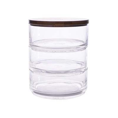 China Laser Logo Bamboo Wood Lid 3 Layer Tier Type Stacking Clear Glass Food Storage Jar Canister In Kitchen For Candy, Tea, Coffee for sale