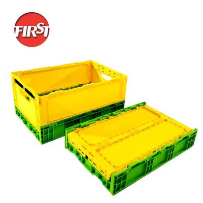 China Yellow Rectangular Plastic Square Crate Folding Plastic Storage Bins External 508x338x245mm for sale