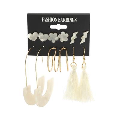 China CLASSIC Factory Wholesale White Geometric Circle Tassel Drop Earrings Set 6 Pairs Stud Earrings Tassel Flower Heart Acetate Jewelry Set for sale