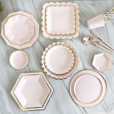 China Pink Wedding Hen Birthday Party Decorations Party Decoration Gold Tableware Supplies Disposable Dishes Paper Plate Set for sale