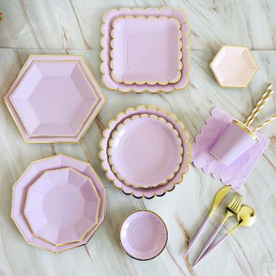 China Purple Wedding Hen Birthday Party Decorations Party Decoration Gold Tableware Supplies Disposable Dishes Paper Plate Set for sale