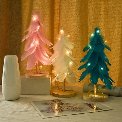 China Modern Simple Tabletop Wooden LED Feather Miniature Tree Christmas Prelit Warm Lights for Home and Office Xmas Decoration for sale