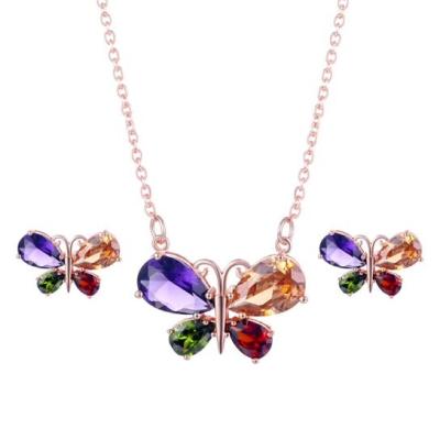 China Fashion Jewelry CLASSIC Mona Lisa Zircon Necklace Set 18k Gold Plated Multicolor Zircon Butterfly Necklace and Earring Wedding Jewelry for sale