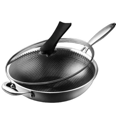 China Stainless Steel Viable Wok Pan With Full Honeycomb Nonstick Triple Coating Induction Frying Pan With Straight Glass Lid Cover for sale