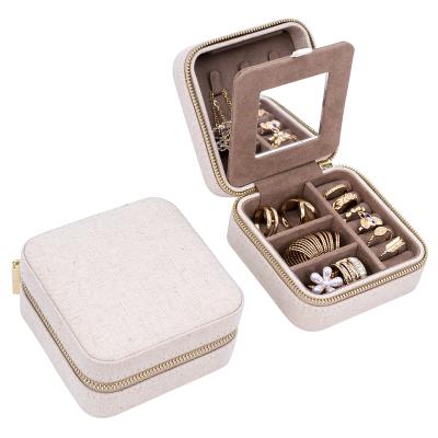 China Low MOQ Luxury Canvas Jewelry Box Travel Mirror Dropshipping Jewelry Box Necklace Bracelet Storage Case for sale