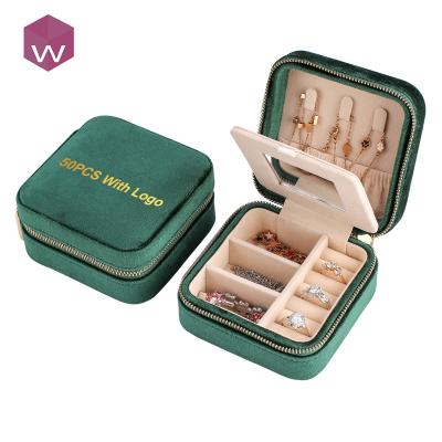 China Light Green Velvet Travel Jewelery Box Dongguan Ring Jewelery Organizer Case Zipper Recyclable High-end Crafts Gifts for sale