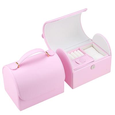 China Case For Jewelery Half Put Around Pink Sand Jewelry Bracelet Ans Ring Case For Girls Leather Jewelery Box With Handle for sale