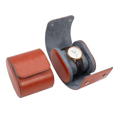 China Watch Collect Box Wholesale Luxury Portable Leather Watch Case Single Brown Travel Watch Roll for sale